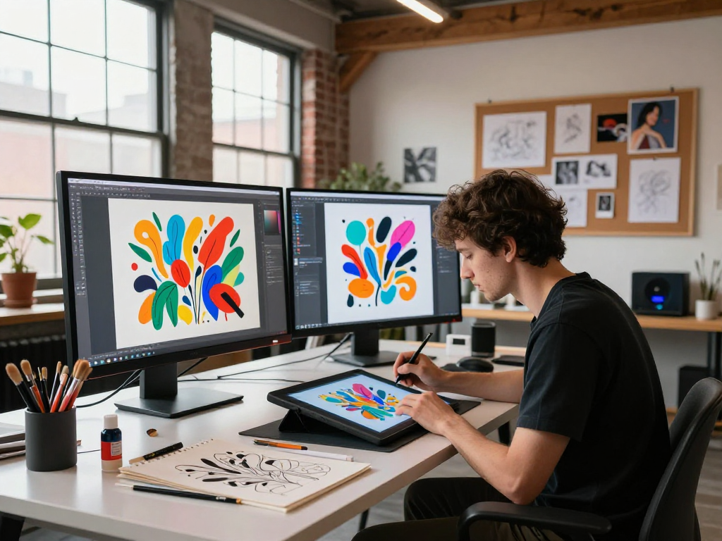 Artist creating AI art in a digital studio, inspired by slut ai themes, with vibrant colors and tools.