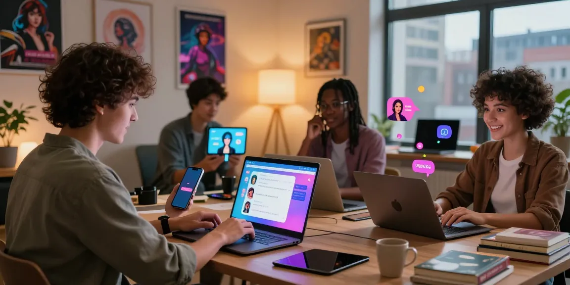 Diverse individuals engaging in AI sex conversations in a cozy digital workspace, showcasing interaction with AI chat interfaces.