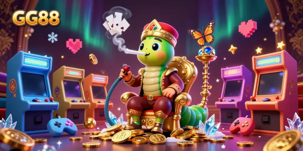 Engaging GG88 scene with a caterpillar hookah-master and dynamic casino elements highlighting vibrant gaming.