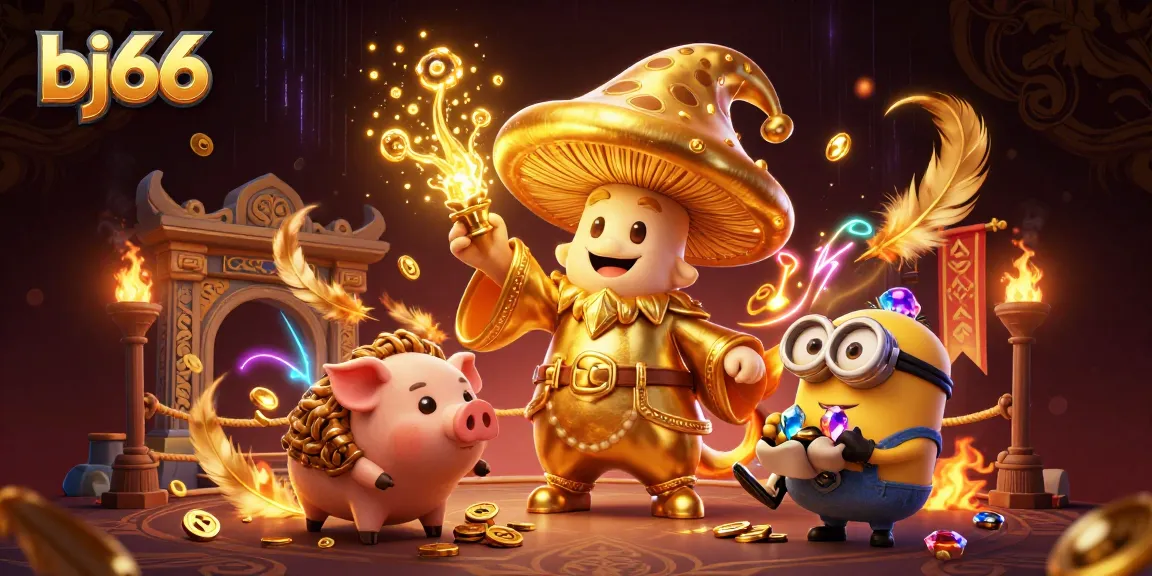 Experience the thrill of bj66 with a golden mushroom wizard in a detailed casino setting.