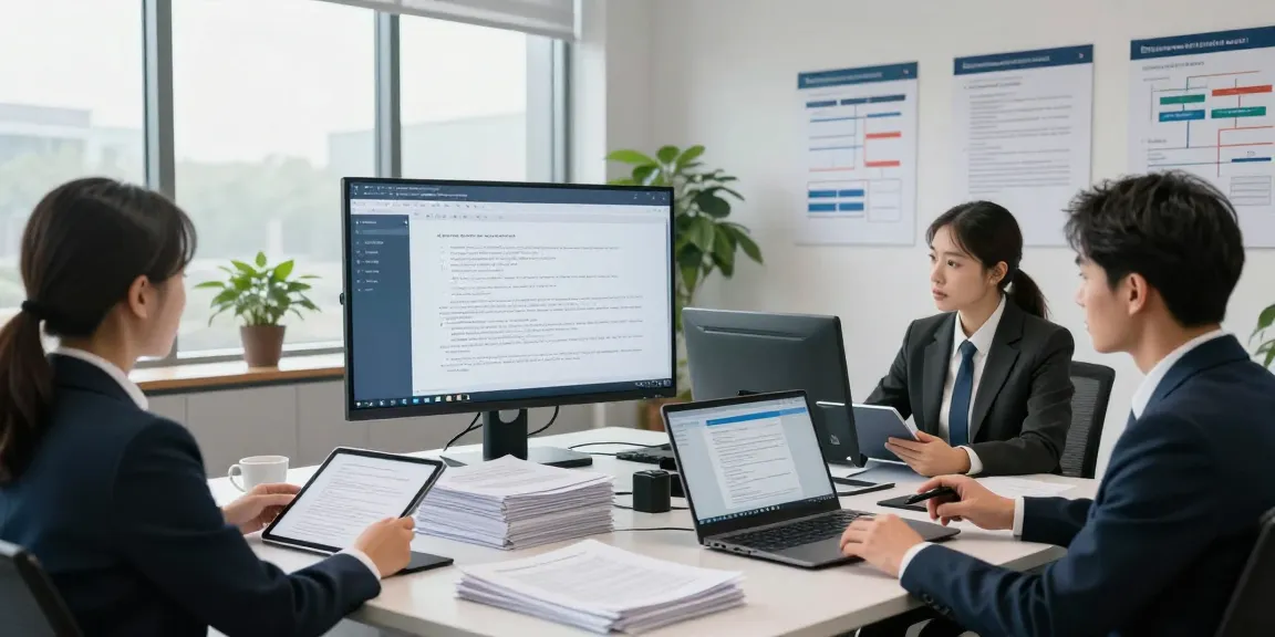 Document fraud detection strategies in a modern corporate office, showing a professional reviewing digital documents.