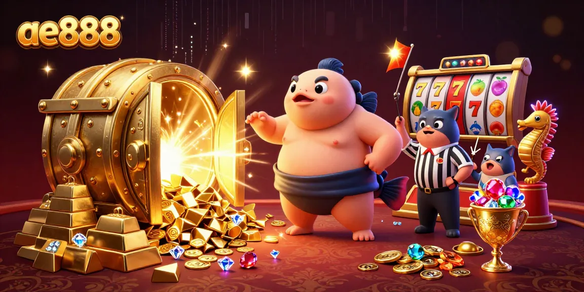 Experience big wins at ae888 with a vibrant scene featuring a fugu sumo, catfish referee, and exciting gaming elements.