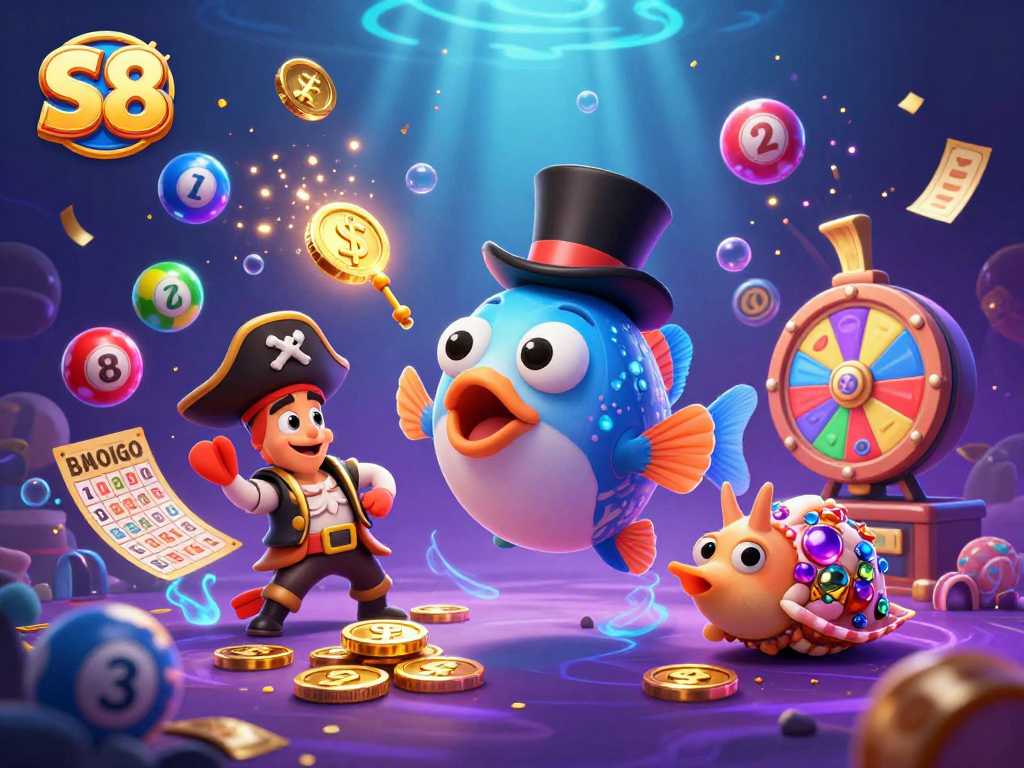 Engage in dynamic play at S8 with deep-sea creatures and colorful lottery elements in this vibrant illustration.