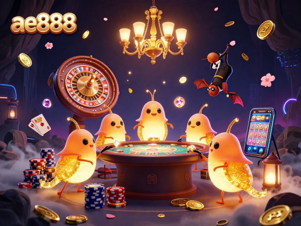 Feel the thrill of ae888 with vibrant glowworms illuminating a lavish casino scene.