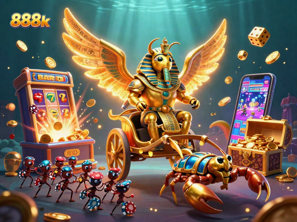 Experience thrilling wins at 888k with a lively scene featuring a colorful jackpot explosion and animated characters.