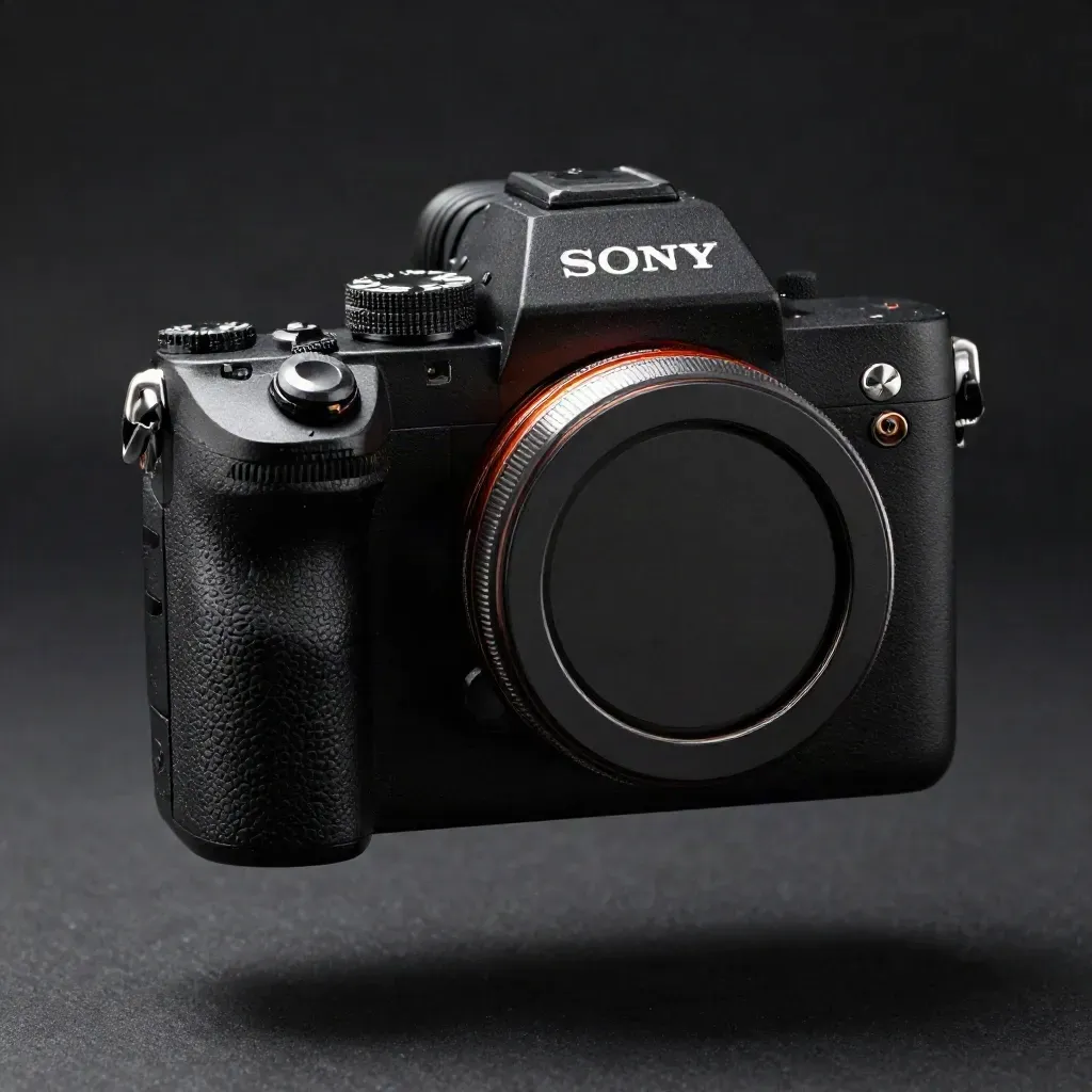 Corpo Sony Alpha 7 IV in studio, con batteria e cappuccio, su sfondo scuro diagonale.