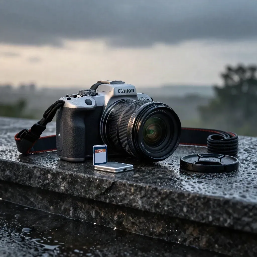 Fotocamera mirrorless con accessori su pietra bagnata, luce blu dopo la pioggia