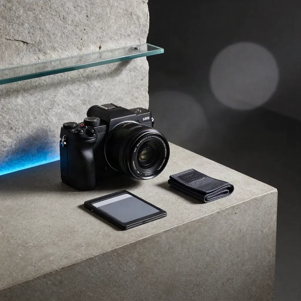 Kit creativo fotografico su basamento di cemento, luce morbida e accento blu elettrico.