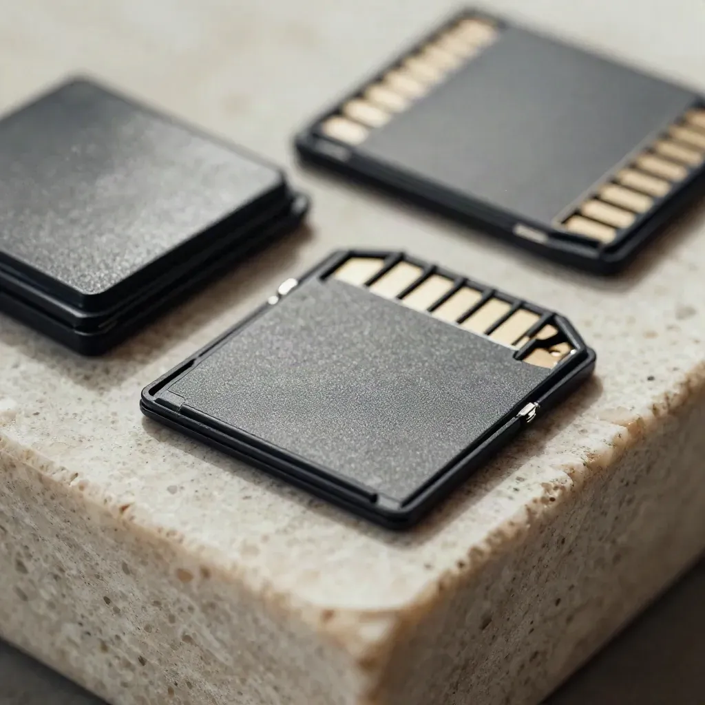 Scheda di memoria con custodia semiaperta su travertino chiaro, luce radente e polvere fine.