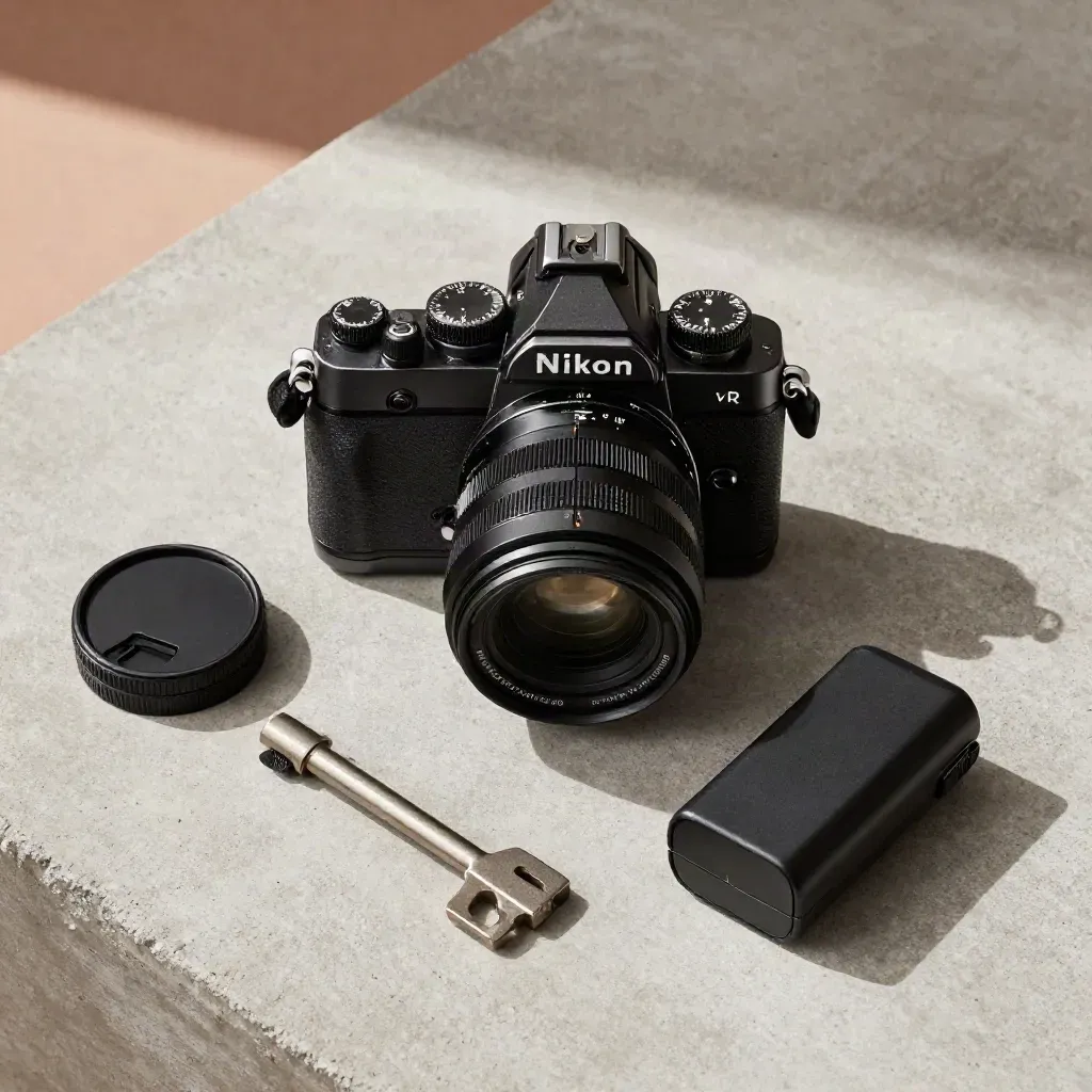 Kit Nikon Z fc con obiettivo 16-50, cinghia, tappo e batteria su pietra chiara.