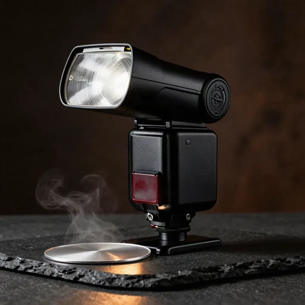Flash Godox su base nera con riflesso d’argento e fumo leggero in studio.