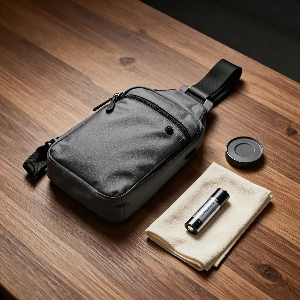 Borsa sling fotografica aperta con accessori su legno chiaro, vista dall'alto.