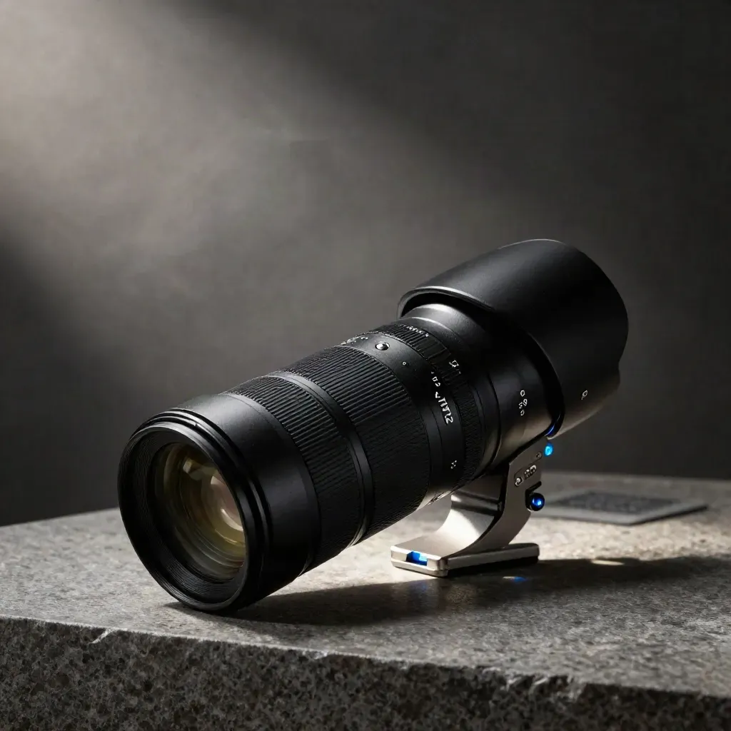 Obiettivo zoom tele su plinto di pietra, luce drammatica e accento blu elettrico.