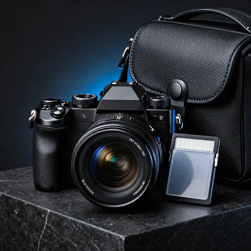Kit fotografico con corpo, obiettivo, flash, scheda memoria e borsa su plinto scuro
