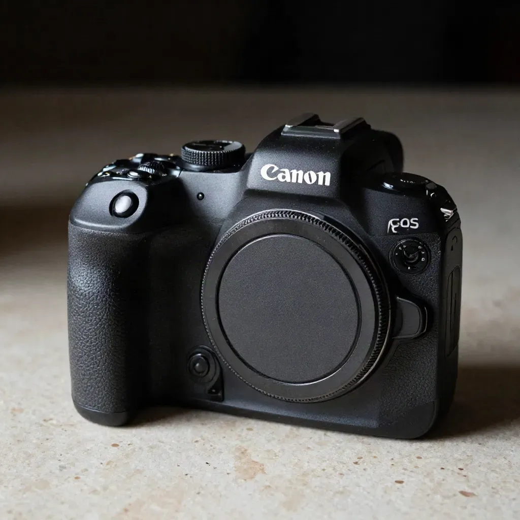 Corpo Canon EOS R8 su travertino chiaro con batteria e tappo, luce radente.