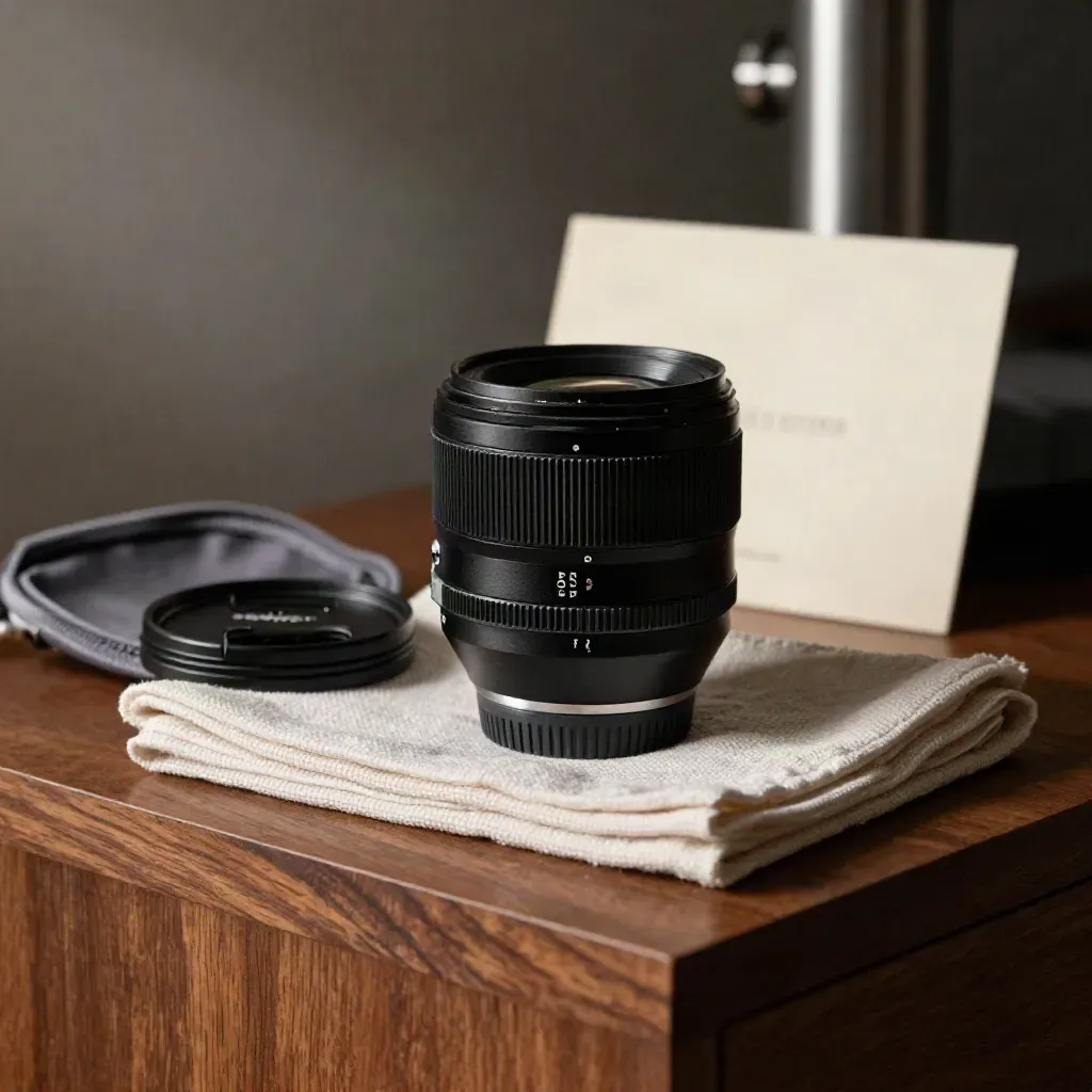 Obiettivo Sony FE 50mm con tappo, custodia filtro e panno su base in legno.