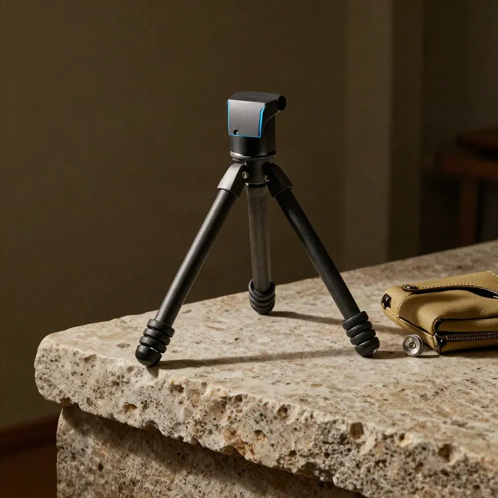 Treppiede flessibile su sporgenza in travertino, luce drammatica e riflessi blu elettrico.