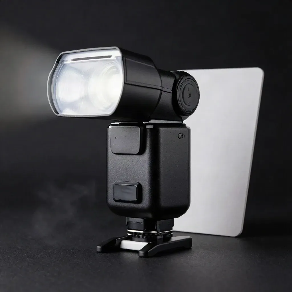 Flash Godox su base nera, luce drammatica e velo di fumo.