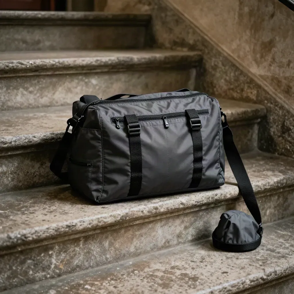Borsa fotografica nera su gradino in pietra con copri-pioggia e accessorio per obiettivo.