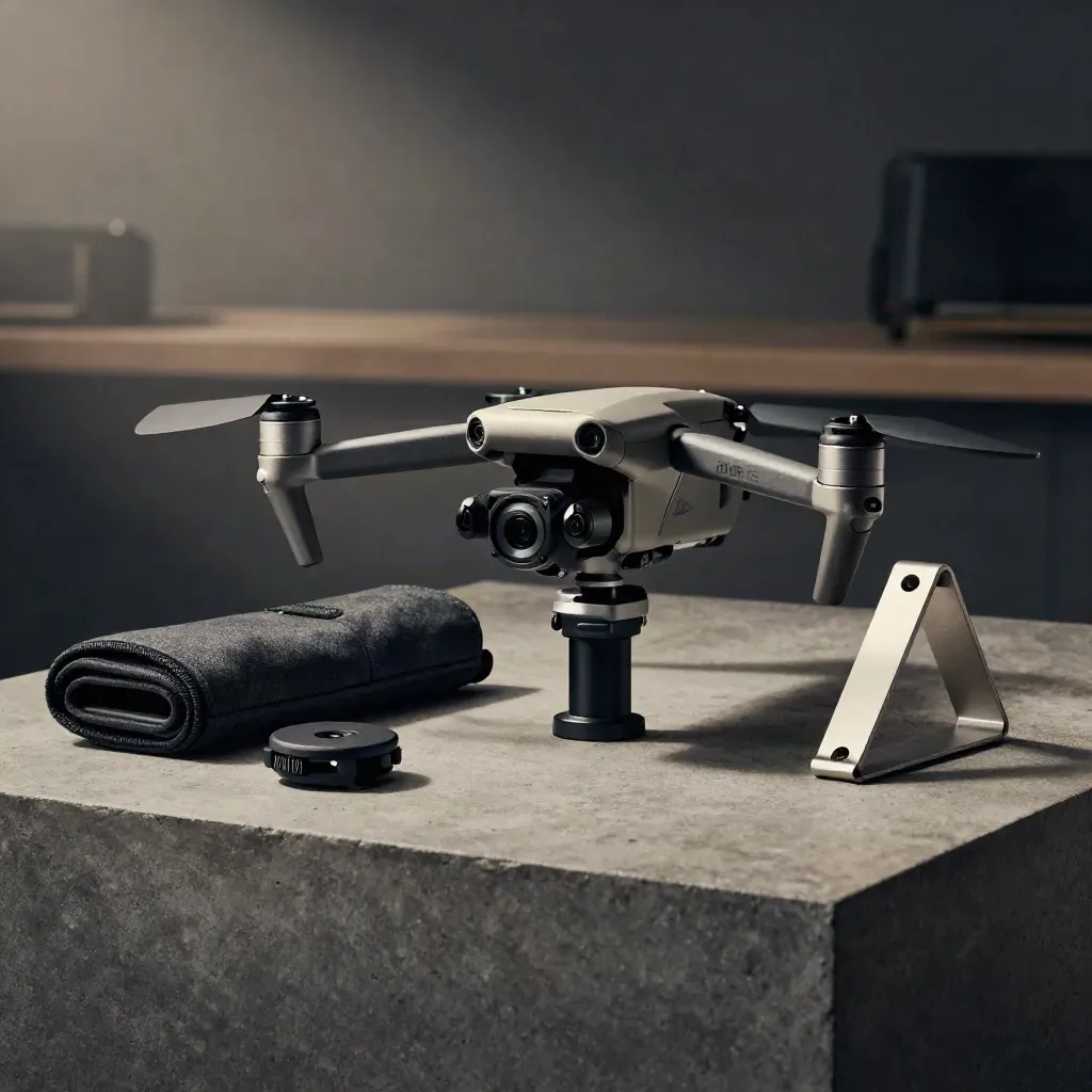 Gimbal DJI compatto in scena studio su plinto in cemento, con accessori metallici sfumati.