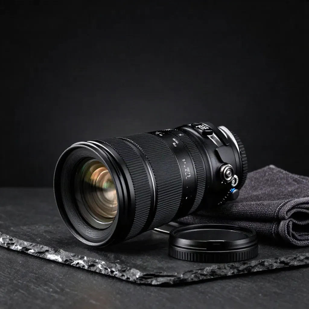 Obiettivo zoom nero con paraluce e collarino su base scura, luce drammatica.