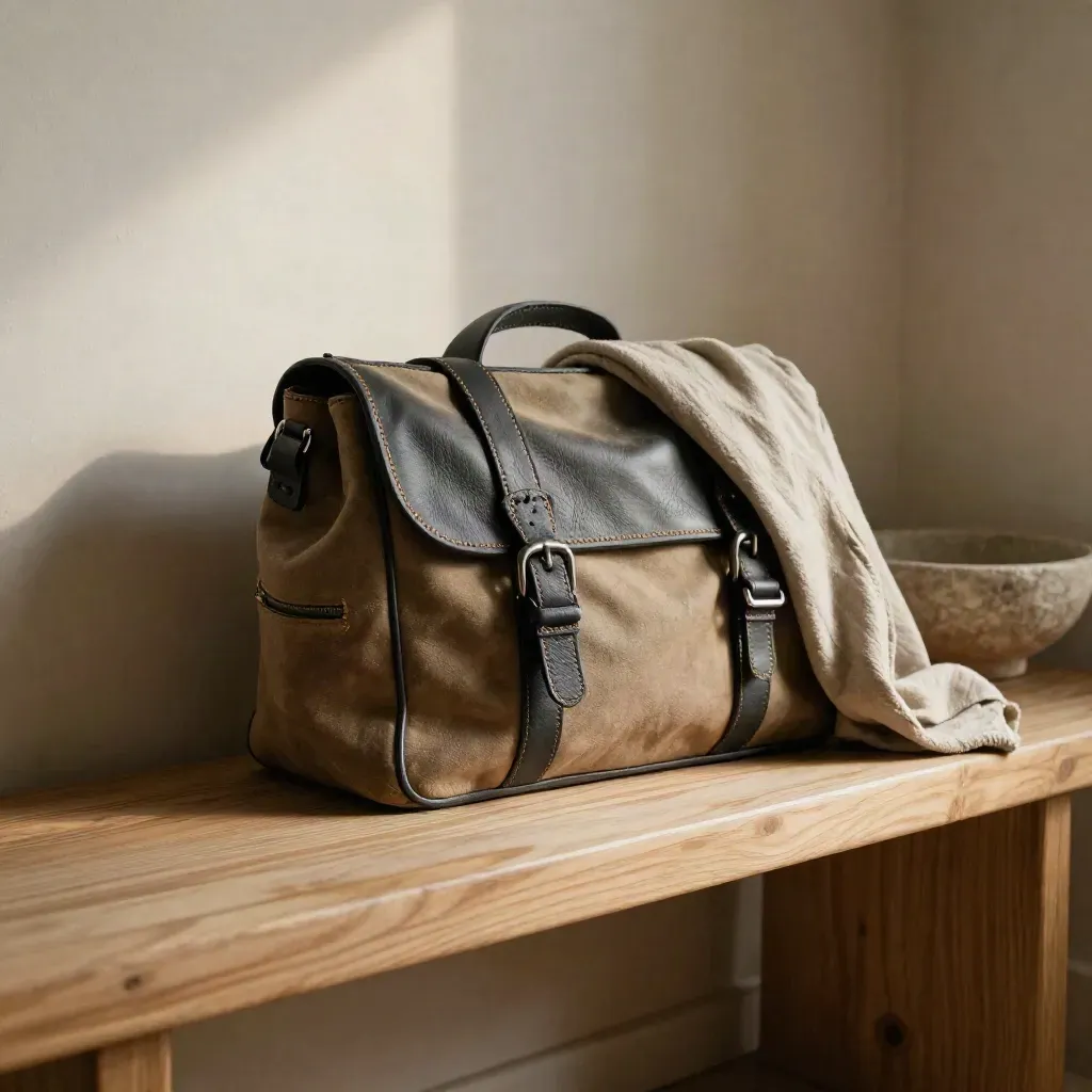 Borsa in pelle e canvas su panca di rovere, luce morbida e ombre calde.