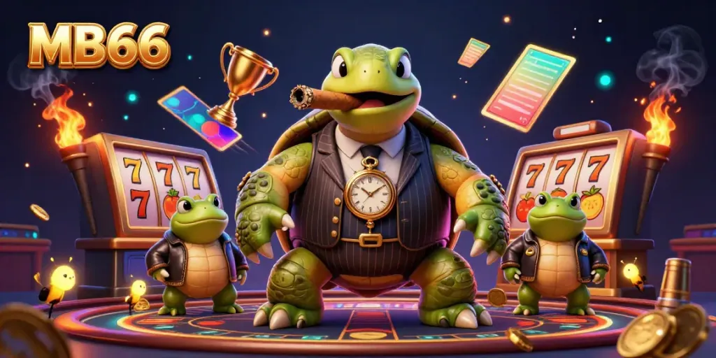 Play at MB66 with an exciting casino-themed illustration showcasing a snapping turtle mobster and dynamic gaming elements.