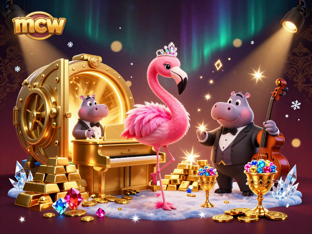 Experience the vibrant mcw casino atmosphere with a flamingo singer and a hippo bassist in a treasure-filled scene.