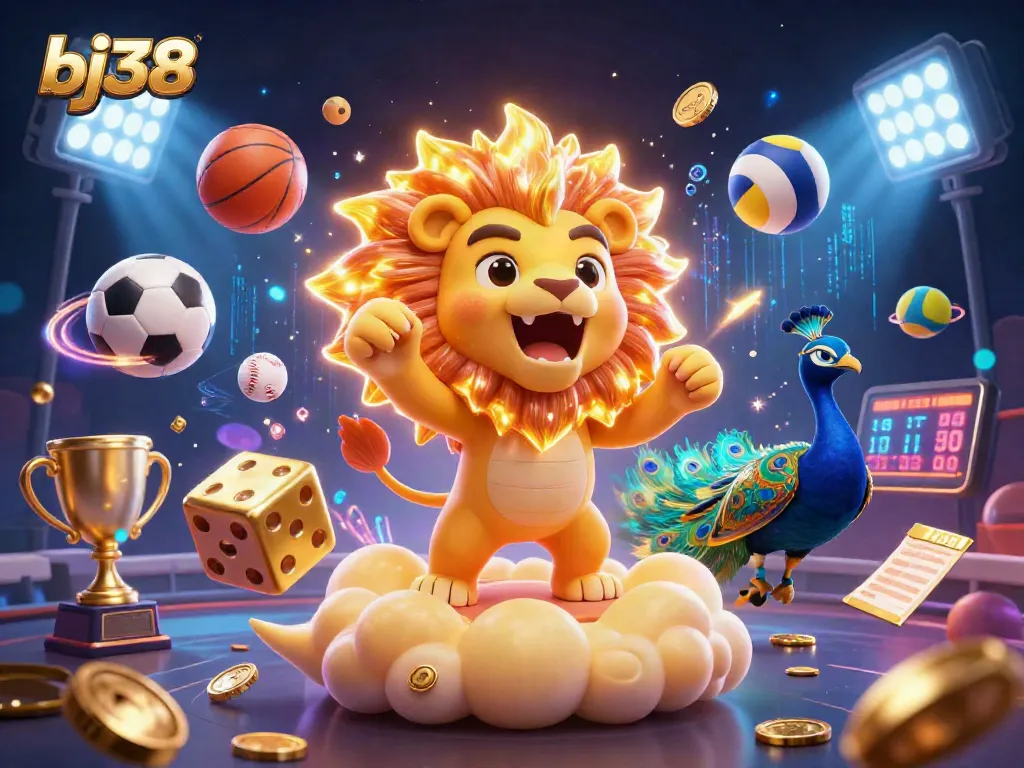 Engage with bj38's vibrant casino world featuring a roaring sun lion and dynamic sports elements.
