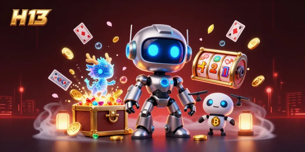 Experience high-energy gameplay with H 13's vibrant 3D casino scene featuring dazzling slot reels.