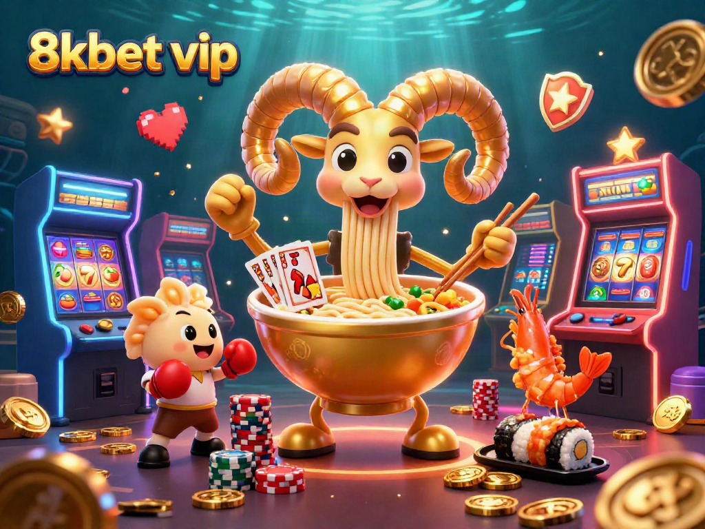 Experience 8kbet vip with a dynamic scene of a cartoon ramen bowl dealer amidst a casino atmosphere.