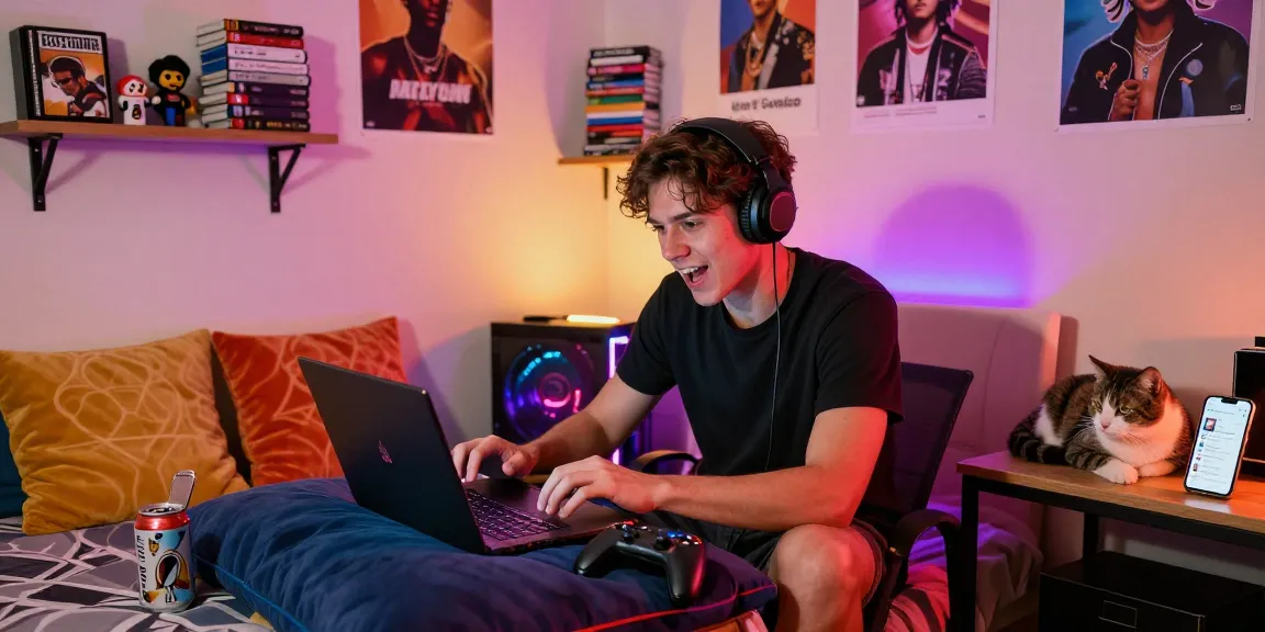 Engaging scene of a man playing a gay sex game in a colorful bedroom, surrounded by gaming props and LGBTQ+ decor.