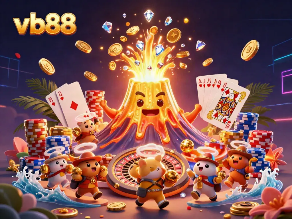 Experience the excitement of vb88 with this dynamic casino illustration featuring a volcano erupting coins and treasure.