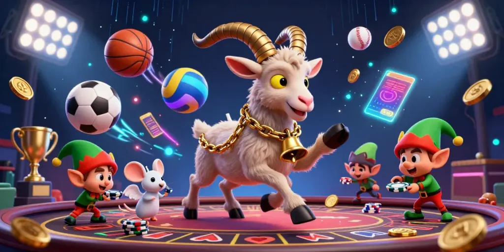 Experience thrilling gaming action at SAWA888 with festive Krampus amidst animated sports elements.