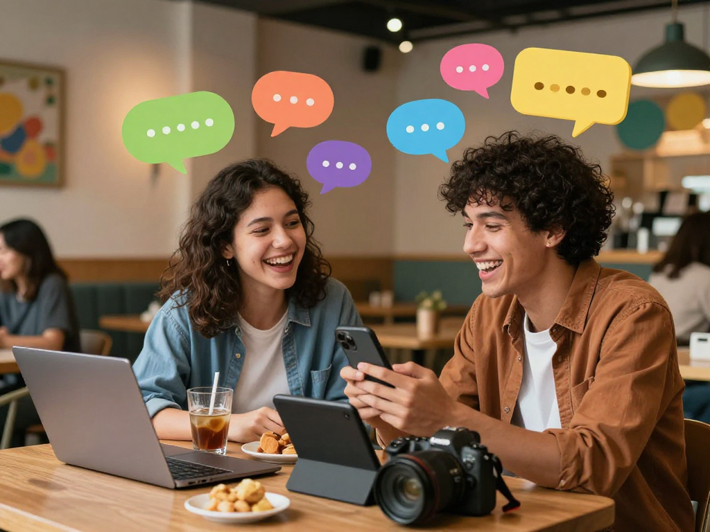 Engaging users enjoying the spicychat experience in a lively urban cafe.