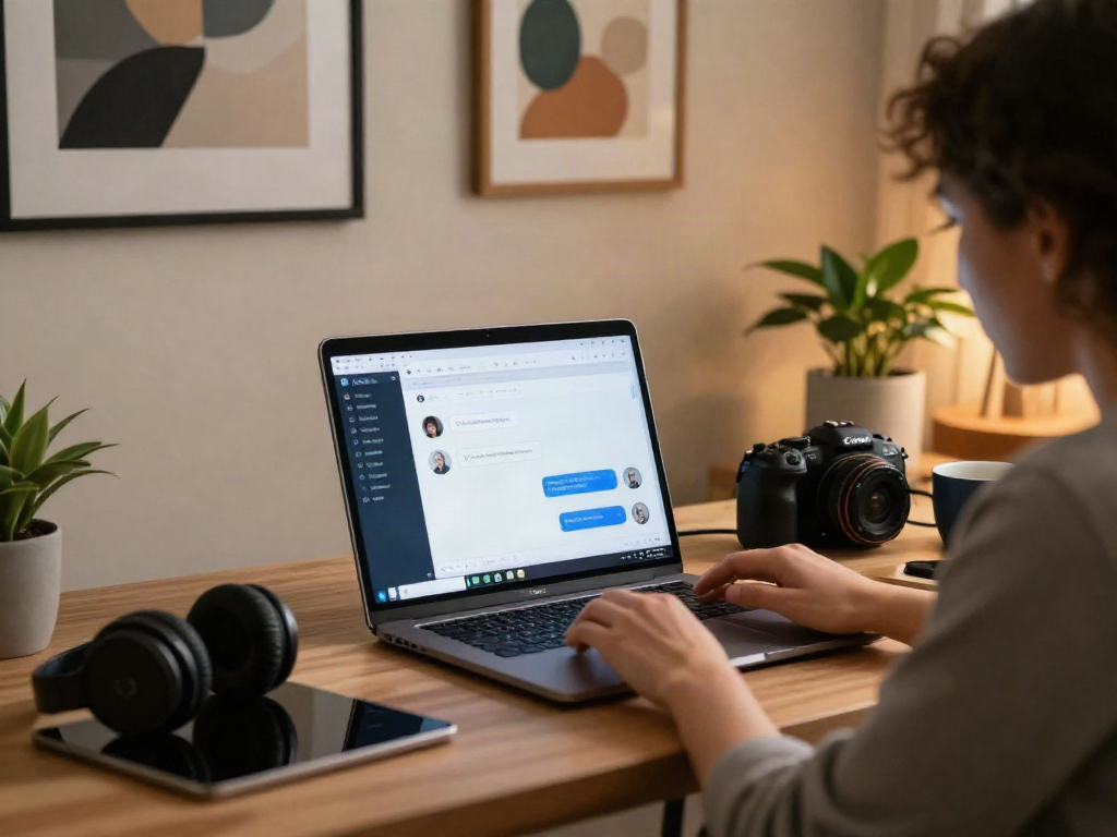 User interacting with AI NSFW chat interface on laptop in modern home office, showcasing technology and user engagement.